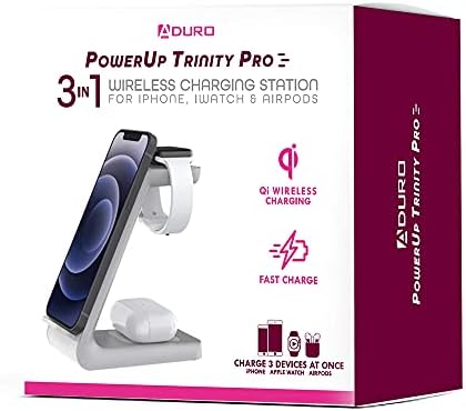 Aduro Power Up Trinity Pro 3-in-1 Wireless Charging Station for Apple Devices – Ultimate Fast Qi Charging Dock for i Phone 12/11/SE, Apple Watch & Air Pods – Sleek Design with Enhanced Safety Features for Efficient Power Management and Organized Device Storage