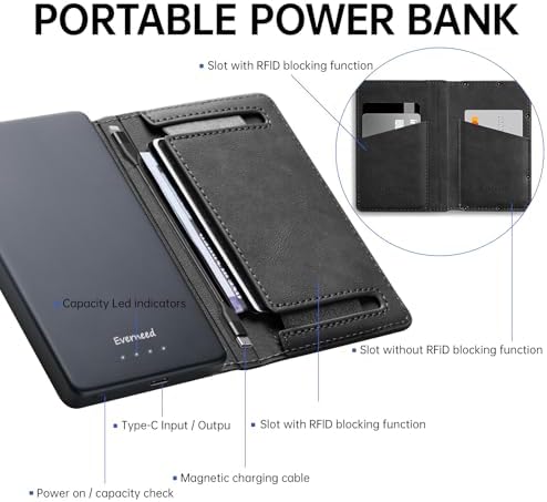 Ultra-Slim 5000 m Ah Portable Wallet Power Bank with Integrated USB-C and Lightning Cables – Universal Travel Charger for i Phone, i Pad, Samsung, Pixel, LG, Moto, and More – Rapid Charging Solution for On-the-Go Connectivity and Device Compatibility