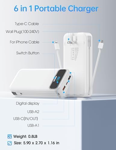 Ultra-Compact 12000 m Ah Power Bank with Built-in Charging Cables & AC Plug – 20 W PD Fast Charging for i Phone, Samsung, Android, USB-C Devices – Travel-Friendly External Battery Pack in Purple – Unmatched Portability and Efficiency for On-the-Go Charging Solutions