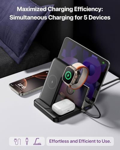 5-in-1 Wireless Charging Station for i Phone 16/15/14/13/12, i Pad Pro/Air/Mini, Apple Watch & Air Pods – Ultra-Fast Multi-Device Charger with Compact Design and Safety Features for Home & Office Organization
