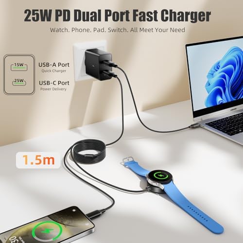 Dual-Port 25 W Fast Charging Block with 5 FT Cable for Samsung Galaxy Watches & Smartphones – Effortless Dual Device Charging, Superior Speed, and Sleek Compact Design for Galaxy Watch 7/6/5/4/Active2 & Galaxy S24/S23/S22/S21/Note/Z Fold – Ultimate Efficiency Meets Unmatched Compatibility