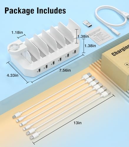 Ultimate 2025 6 Port Fast Charging Station – Multi-Device USB Dock with Safety Certification, 6 Cables & 2 Stands for Smartphones, Tablets, Kindles, Smartwatches – Streamlined Power Hub for Home, Office, and Travel