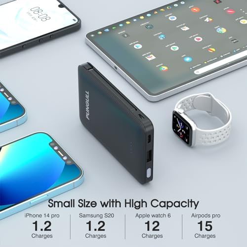 Ultra-Slim 5000 m Ah Portable Power Bank with Built-In Charging Cable – Compact and Lightweight USB-C Compatible External Battery for i Phones and Air Pods – High-Speed 5 V 2.1 A Charging for On-the-Go Convenience and Reliability