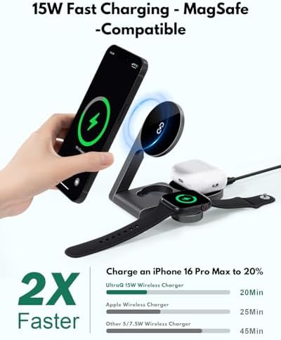 Compact 3-in-1 Wireless Charging Station for Apple Devices – Ultra-Fast 15 W Mag Safe Charger with Foldable Design, Ideal for Travel, Office, and Home Use – Certified Apple Watch Fast Charging Ready with Smart Chip Technology for Safe Power Delivery and Efficient Heat Dissipation – Complete Charging Kit with USB-C Adapter Included