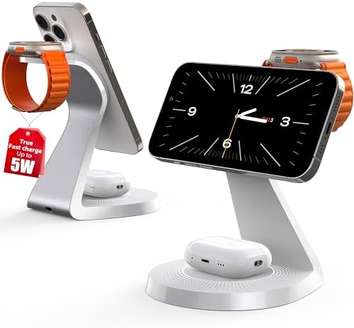 Revolutionize Your Charging Routine with the 3-in-1 Magnetic Wireless Charging Station for Apple Devices – Fast Mag-Safe Dock for i Phone 16/15/14/13, Air Pods, and Apple Watch – Compact, Sleek Design for Effortless Use and Optimal Speed – White Finish for Modern Aesthetics