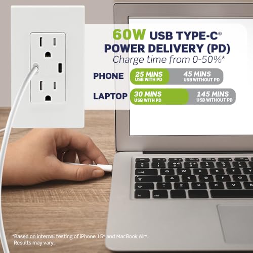 Leviton 60 W Dual USB Type A/Type-C In-Wall Charger – Fast, Efficient Power Delivery Solution for Smartphones, Tablets & Laptops – Tamper-Resistant Outlet in Light Almond for Safe, Clutter-Free Charging Experience – Perfect for Home and Office Use