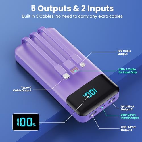 High-Capacity 40800 m Ah Portable Charger with Integrated Cables – Fast PD 25 W USB-C & QC4.0 Power Bank for i Phone 15/16 and Samsung – Smart LED Indicator, 5 Outputs for Multi-Device Charging – Ultimate Travel Companion for On-the-Go Power Solutions