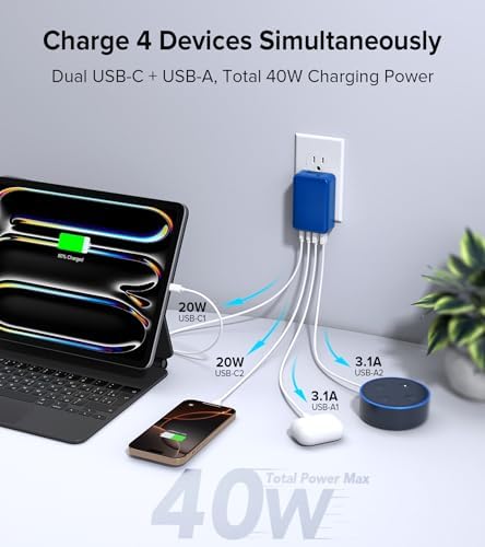 Elevate Your Charging Game with the 2 Pack Flat USB C Charger Block – 40 W Fast Charge Hub for i Phone 12-16, i Pad & Samsung Devices, Featuring 4 Ports for Simultaneous Power Delivery & Quick Charge, Sleek Light Blue Travel-Friendly Design Ideal for Home & On-the-Go Use