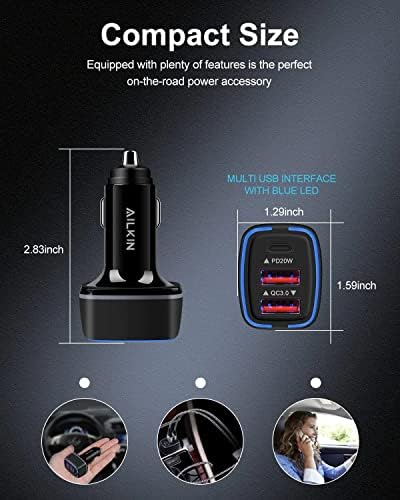 AILKIN 56 W PD USB C Car Charger – Ultra-Fast Multiport Charging Solution with 3 Ports for i Phone, Samsung Galaxy, LG, Google Pixel, and More – Compact, Safe, and High-Efficiency Automotive Charging Adapter for All Your Devices