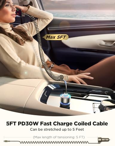 High-Speed USB C 72 W Car Charger for i Phone 16 Pro Max Plus & Multi-Device Compatibility – Rapid PD & QC3.0 Charging with 5 ft 36 W Type C Coiled Cable for Samsung Galaxy S24/S23/S22, Pixel, Moto, LG, and More – Ultimate Travel Accessory for Uninterrupted Power on the Go