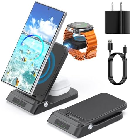 RAUGEE Premium Foldable 3-in-1 Fast Wireless Charging Station for Samsung Devices – Compact & Stylish Charger for Galaxy S25 Ultra/S24/S23/S22/Z Flip/Fold & Galaxy Watch Ultra/7/6/5/4/3 – Efficient Power Delivery, Declutter Your Space with Sleek Design and Optimal Portability