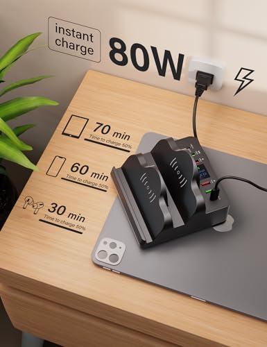 WU-MINGLU 8-Port Fast Charging Station – 80 W Multi-Device Dock with Wireless Charging, Quick Charge 3.0, and PD 20 W, LCD Display for Real-Time Status – Compatible with i Phone, i Pad, Smartphones, and Smartwatches – Ultimate Convenience and Speed for Tech Enthusiasts
