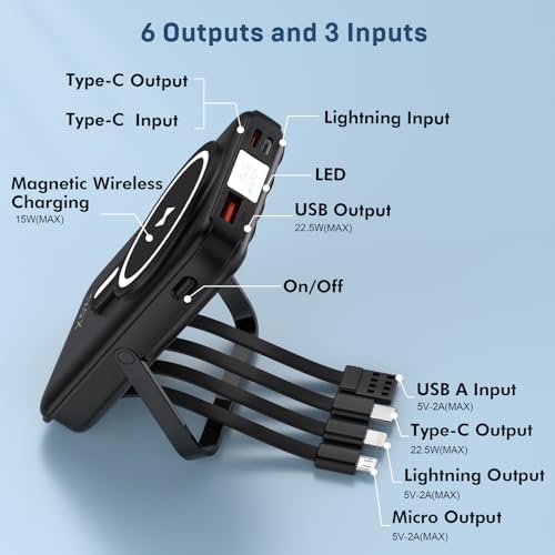 Ultra-Sleek 10000 m Ah Wireless Magnetic Power Bank – Fast Charging Portable Charger with Built-in Cables & LED Display – Compatible with i Phone 16/15/14/13/12/Pro/Mini/Pro Max (Purple) – Convenient On-the-Go Power Solution with Integrated Stand and Mag-safe Technology