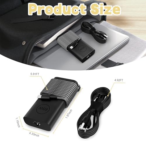 65 W USB-C Power Adapter for Dell Laptops – Versatile Charging Solution for Latitude 5420, XPS 13, Inspiron 14 & More – Premium Nylon Braided Cable for Enhanced Durability and Fast Charge Efficiency