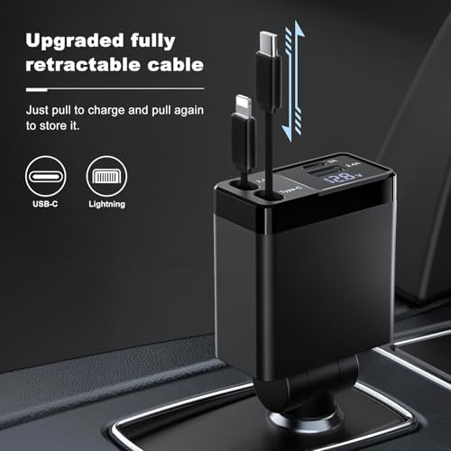 Ultimate 4-in-1 Retractable Car Charger with 2.6 ft Tangle-Free Cord – Fast Charging Solution for i Phone 16 & Android Devices, Perfect for Backseat Passengers – Compact & Durable Design for Travelers Seeking Efficiency and Organization