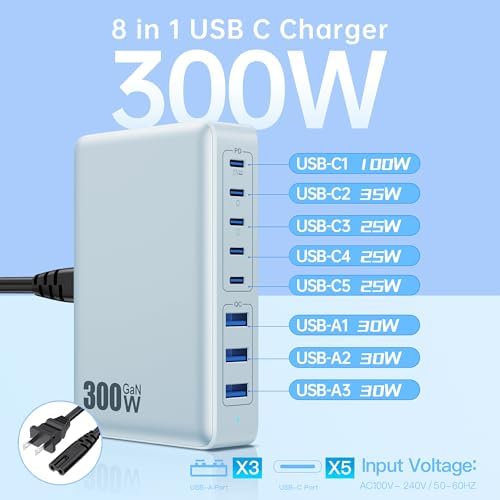 High-Power 300 W USB C Charging Hub – 8-Port Ga N III Fast Charger for Mac Book Pro, Dell, i Phone 16/15/14, Galaxy S23/22 – Ultimate Multi-Device Charging Station for Home and Travel with PD Compatibility