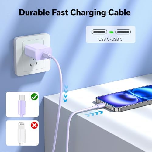 Revolutionary 3-Pack 20 W USB-C Fast Chargers with 10 FT Cables in Elegant Pink, Purple, and White – Ultimate Compatibility for i Phone 15/16 Pro/Max/Plus – Experience Lightning-Fast Charging and Stylish Convenience for All Your Power Needs