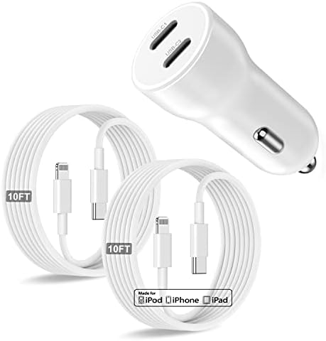 Dual-Port 45 W USB C Car Charger Adapter for Apple Devices – MFi Certified Fast Charger with 3 ft Lightning Cable (Pack of 2) – Rapid Charging for i Phone 14/13/12/11 Pro Max, i Pad, and Air Pods – Durable & Portable Power Solution for On-the-Go Lifestyle