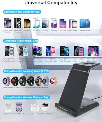 ADADPU 3-in-1 Wireless Charging Station for Samsung Devices – Fast Charging Dock for Galaxy S25, S24, S23, S22, S21, Galaxy Watch Series 7/6/5/4/3/Pro & Galaxy Buds – Includes 5 ft Cable & Adapter for Enhanced Efficiency and Connectivity
