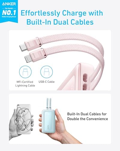 Anker Zolo 10,000 m Ah Fast Charging Power Bank – Ultimate Portable Charger with Built-in USB-C & MFi Certified Lightning Cables, 30 W Max Output for i Phone 16/15 Series, Mac Book, Galaxy – Lightweight Dual-Port Battery Pack for On-the-Go Charging