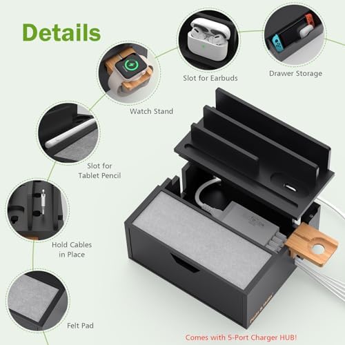 Bamboo Multi-Device Charging Station with 5-Port USB Hub & Drawer – Fast Charging Dock Organizer for Smartphones & Tablets – Eco-Friendly Power Solution with Enhanced Compatibility & Sleek Aesthetics