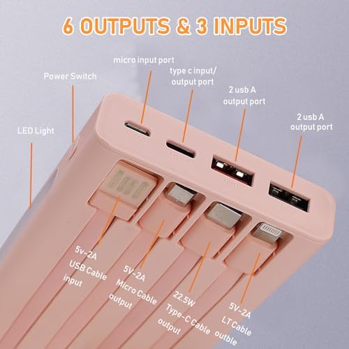 Ultimate 10,000 m Ah Portable Charger with Built-In Cables & LED Display – Fast Charging Power Bank for i Phone, Samsung & More – Essential Travel Companion with Integrated LED Lamp for On-the-Go Power Solutions