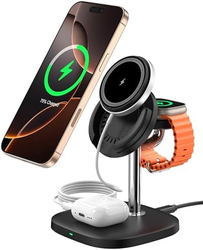 3-in-1 Magnetic Wireless Charger for i Phone 12-16, Apple Watch & Air Pods Pro – High-Speed Detachable Charging Station with Enhanced Compatibility for Effortless Device Powering and Clutter-Free Convenience