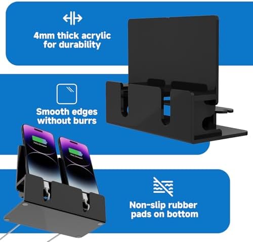 Dual Phone Holder Organizer Stand for 2 Phones, Acrylic Desktop Universal Mobile Phone Docking Station Charger Holder with Cable Management, Black – Enhanced Compatibility and Speed