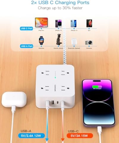 HANYCONY 6 ft Surge Protector Power Strip with 8 Outlets & 2 USB-C Ports – Essential College Dorm Extension Cord with Space-Saving Flat Plug for Fast Charging and Device Safety – Perfect for Home Office and Tech Needs
