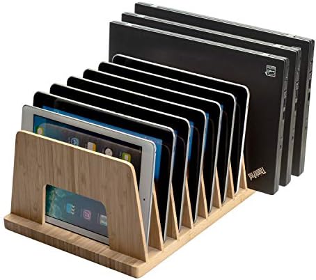 Eco-Conscious Bamboo Multi-Device Organizer: Five-Slot Desk Solution for Laptops, Tablets, and Smartphones – Streamlined Charging & Tidy Cable Management for a Sophisticated Workspace, Lightweight & Travel-Friendly