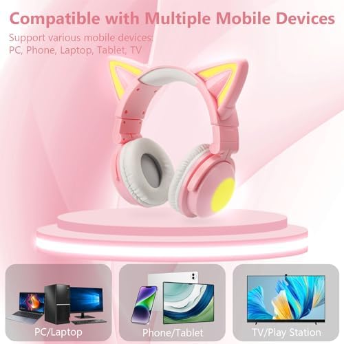 Vibrant Cat Ear Bluetooth Headphones – Wireless Over-Ear Headset with LED Lights and Built-In Microphone for Superior Sound – Ideal for All Ages, From Kids to Adults – Perfect for Music, Gaming, and Movie Watching on Phones, Tablets, PCs, and TVs – Lightweight, Foldable Design for Ultimate Portability and Comfort – Stylish Audio Solution for Everyday Use and Unique Self-Expression
