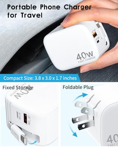 40 W Retractable Wall Charger with 35.4-Inch Lightning Cable – Fast Charging Solution for i Phone 14, i Pad, Pixel, and Galaxy – 3-Port USB-C Charging Block with Compact Foldable Plug for Ultimate Portability and Enhanced Compatibility