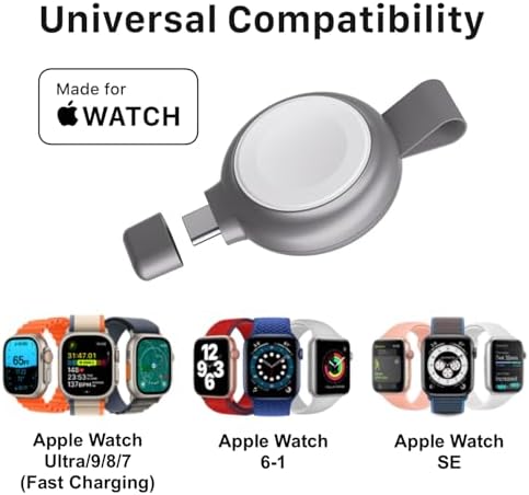 Efficient and Reliable INVZI Portable Charger for Apple Watch – MFi-Certified 5 W USB-C Fast Charging Solution Compatible with Ultra, SE, Series 1-9 – Compact, Lightweight Design Perfect for Professionals and Travelers