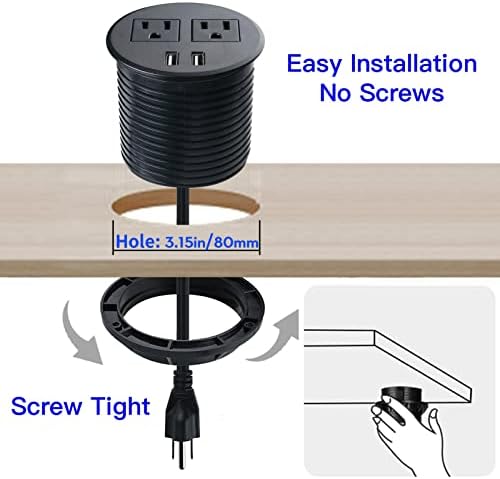 Revolutionize Your Workspace with the Desk Power Grommet USB C – 30 W PD Fast Charge Power Strip with 2 Outlets & 2 USB Ports, Effortlessly Mountable Recessed Flat Plug for Countertops, Shelves, and End Tables – Sleek Black Design for Enhanced Connectivity and Simplified Charging Solutions