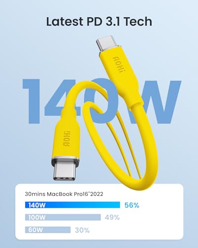 Transform Your Charging Experience with AOHI 140 W USB-C to USB-C Cable – Rapid PD 3.1 Fast Charging, Ideal for Mac Book Pro & i Phone 15 Pro Max, Durable 3.3 ft Length, Eye-Catching Yellow for Enhanced Visibility, Superior Data Transfer Speeds