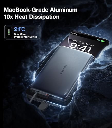 Ultra-Slim TORRAS 10,000 m Ah Power Bank with Built-in USB-C Cable – Lightweight Portable Charger for i Phone 16/15 & Samsung S24 Ultra, 22.5 W Fast Charging, Durable Design for Travel and Outdoor Use – Glacier Grey, Enhanced Safety & Dual Device Charging