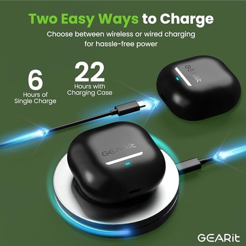 Elevate Your Audio Adventure with GEARit True Wireless Bluetooth Earbuds – Unmatched 22-Hour Playtime & Advanced Active Noise Cancellation for Crystal Clear Sound – Ergonomically Engineered for Comfort with Smart Touch Controls and Bluetooth 5.4 for Seamless i Phone & Android Integration – Perfect for Daily Travel, High-Intensity Workouts, and Home Listening – Experience Freedom and Quality in Every Beat!