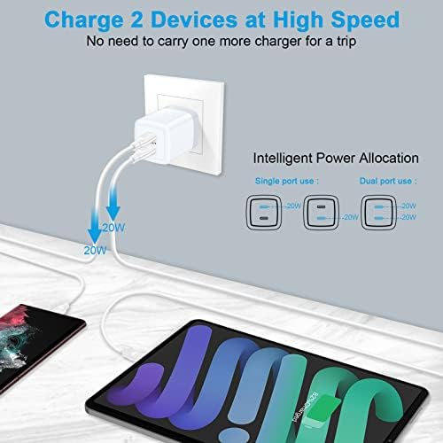 40 W Dual Port USB C Charger Box for Google Pixel & Samsung Galaxy Devices – Fast Charging Power Adapter with 6 FT Type C Cable for Seamless Connectivity and Enhanced Compatibility – Ideal for Home and Travel Use