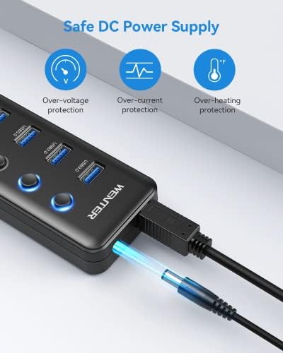 Maximize Your Connectivity with the Wenter 5-Port USB 3.0 Hub – Fast Data Transfer and Type-C Charging Hub for Mac & PC, Featuring Individual LED Switches for Power Management and Enhanced Performance