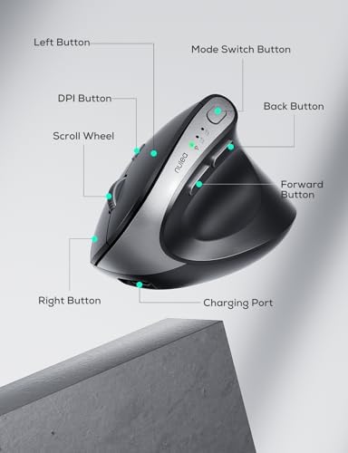 Revolutionize Your Workspace with the Nulea MD280 Ergonomic Vertical Wireless Mouse – Dual Mode Bluetooth & 2.4 G Connectivity, Precision with 4 Adjustable DPI Settings (800/1200/1600/2400), Rechargeable & Silent Clicks for Ultimate Focus – 6 Customizable Buttons Enhance Productivity for Laptop & Desktop Users in Stylish Grey.