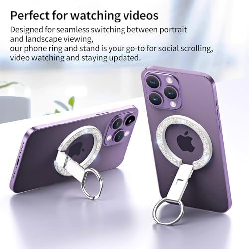 Glitter Silver Magnetic Phone Ring Stand – Ultra-Thin, 360-Degree Rotating Grip for i Phone 16/15/14/13/12 – Stylish Finger Loop Holder Enhancing Usability and Drop Protection