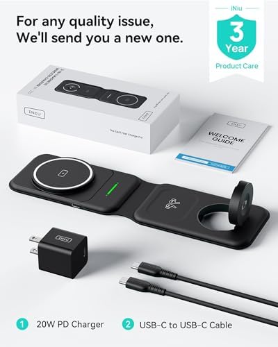 Ultimate INIU 3-in-1 Magnetic Wireless Charging Station for Apple Devices – 15 W Fast Charger for i Phone 16 Pro Max, 15, 14, 13, 12, Compatible with Apple Watch Series 10/9/8/SE/Ultra & Air Pods 4/3/2/Pro – Travel-Friendly Foldable Design for Effortless Portability and Enhanced Device Compatibility