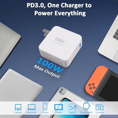 100 W GAN III USB-C Wall Charger with PD3.0 – High-Speed Compact Power Adapter for Mac Book Pro, i Pad Pro, Galaxy S23/S22, and More – Includes 6.6 Ft USB-C Cable for Ultimate Flexibility – Advanced Safety Features for Rapid, Reliable Charging