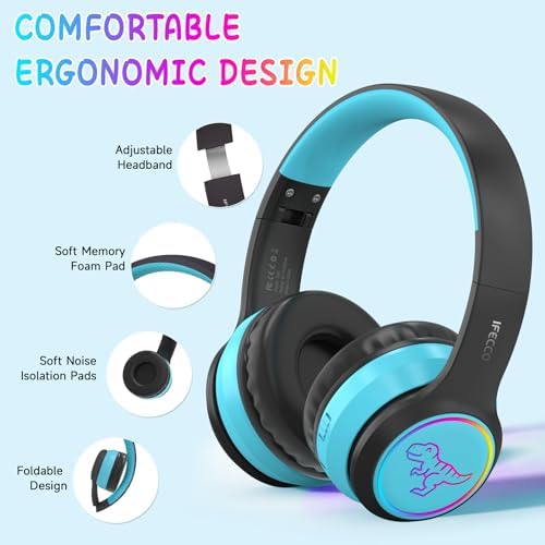 IFECCO Wireless Kids Bluetooth Cat Ear Headphones – Fun Light-Up Design with Volume Limiting Feature, Built-in Microphone, and Foldable Portability for Travel and Learning – Ultimate Gift for Young Music Enthusiasts