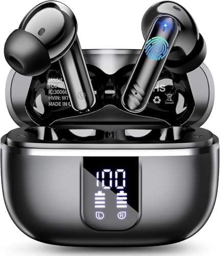 Premium Bluetooth 5.4 Wireless Earbuds with 38-Hour Playtime and 4 Professional ENC Microphones – IPX7 Waterproof Design for Ultimate Performance in Workouts and Calls – Smart LED Display for Enhanced Connectivity and User Experience