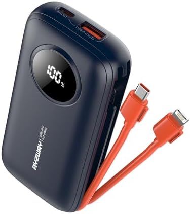 Ayeway Ultra-Compact 10,000 m Ah Portable Power Bank with Integrated Charging Cable – Fast USB C Battery Pack for i Phone, Samsung, and 5 V Heated Vests – Lightweight, Multi-Device Charging Solution for On-the-Go Connectivity