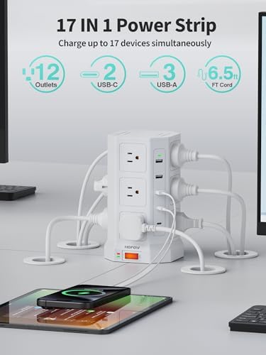 High-Capacity Surge Protector Power Tower with 12 AC Outlets & 5 USB Ports Including Dual USB-C – 6.5 FT Flat Extension Cord for Optimal Placement – 1875 W/15 A Performance and 1700 J Surge Protection for Home, Office, or Dorm Use