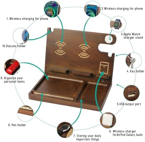 Eco-Friendly Wood Phone Docking Station with Dual 27 W Fast Charging for i Phone, Samsung, Apple Watch & Air Pods – Stylish Nightstand Organizer and Ideal Gift for Men and Women on Birthdays or Anniversaries