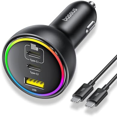 160 W Baseus USB-C Car Charger – Triple-Port Fast Charging Adapter with QC5.0, PD3.0 & PPS for i Phone 15/14/13 Pro, Samsung S22, i Pad & Mac Book Pro – Ultimate Compatibility & Efficiency for Road Trips and Daily Commutes