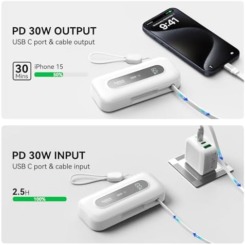 Ultra-Portable 10,000 m Ah Power Bank with Retractable Cable & USB-C to Lightning Compatibility – 30 W Fast Charging Battery Pack for i Phone 16/15/14/13 & Samsung Devices – LED Display for Easy Monitoring – Essential Travel Charger for On-the-Go Power Solutions